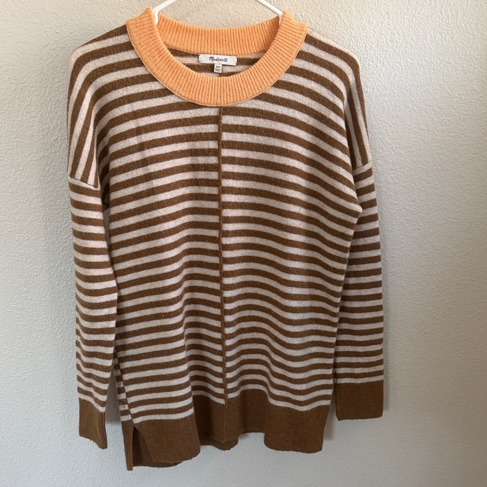 Madewell Oversized Striped Brown and Cream Sweater with Peach Collar size XXS